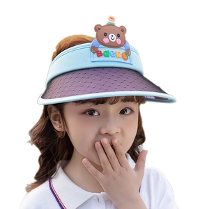 Kids summer sun visor in blue and purple mesh with a cute cartoon bear decoration