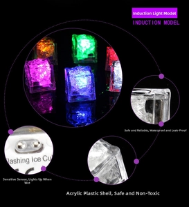 Macro detail of LED glowing ice cubes showing waterproof shell and water induction sensor