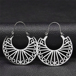 Bohemian silver hollowed fan-shaped geometric stainless steel earrings on leather