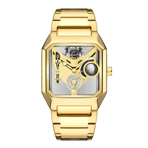 Men's gold hollow mechanical watch with octagonal stainless steel case and metal band