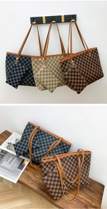Three checkerboard tote bags with matching coin purses in dark brown, beige, and black gray