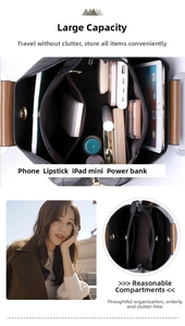 Detail of large black PU leather tote bag with compartments for iPad and daily items