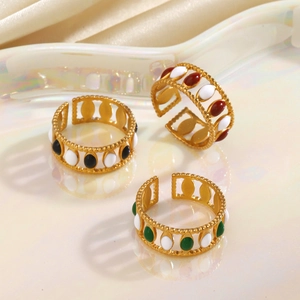 Adjustable gold plated enamel rings with hollow woven band and oval geometric charm