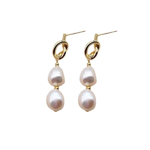 Elegant gold knot baroque pearl drop earrings with minimalist vintage aesthetic design