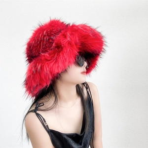 Furry red faux fur bucket hat with fluffy texture for winter fashion styles