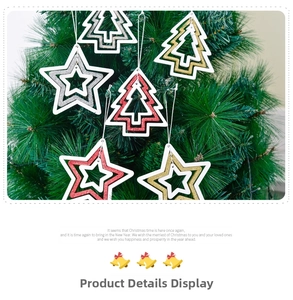 Detailed view of glittering wooden Christmas star and tree hanging ornaments set
