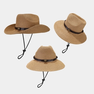 Western Cowboy Straw Hat Wide Brim Sun Protection For Outdoor Travel Retro Style With Adjustable Windproof Rope