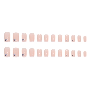 24pcs French tip press-on nails with blue evil eye patterns on nude pink base