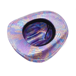 Macro view of iridescent snakeskin pattern on polyester western jazz party hat