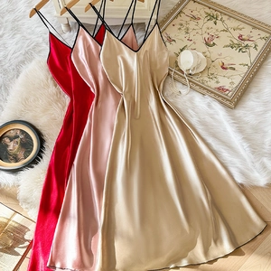 Elegant silk satin slip nightdress in red, pink, and champagne with slim straps