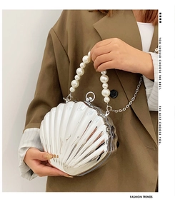 Detail of silver shell bag showing metallic ribbed texture and pearl handle accessory