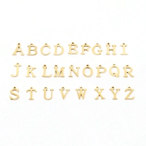 Detailed grid of twenty-six gold letter charms from A to Z for DIY jewelry making