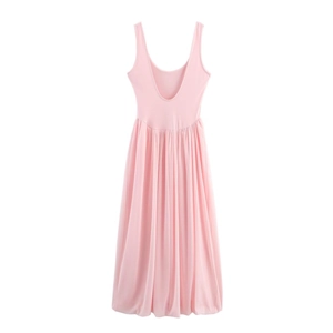 Pink backless mesh patchwork maxi dress with sleeveless design on a white background