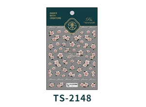 Detailed macro view of TS-2148 embossed nail stickers with pink floral design and dark leaves