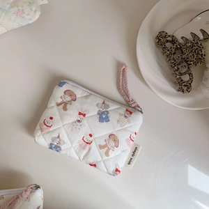Quilted mini cotton pouch featuring cartoon animals and pink zipper strap detail