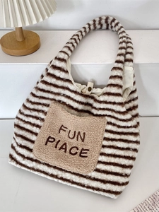 Süße braun gestreifte Plüschtasche mit bestickter Lammfelltasche für Herbst und Winter