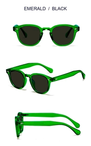 Vue détaillée des lunettes de soleil rondes vert émeraude avec verres noirs et structure