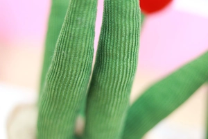 Macro shot of green striped fabric texture on plush cactus toy with soft cotton material