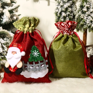 Christmas burlap drawstring gift bags with 3D Santa and festive tree designs