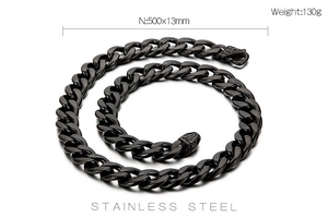Detail view of black stainless steel Cuban link necklace with size and weight specs