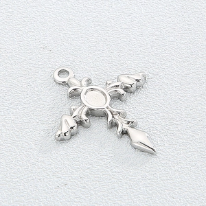 Polished silver stainless steel cross pendant with angel wing textures and center setting