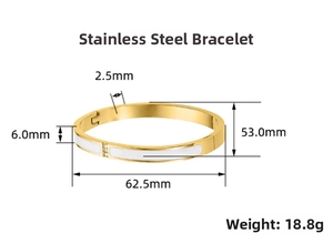 Detailed size specifications for a gold-plated stainless steel bracelet with white inlay