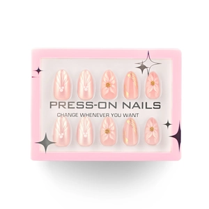 Short almond press-on nails with 3D floral designs and pearlescent glitter finish