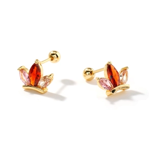 Exquisite copper crown stud earrings with orange and pink marquise zircon stones