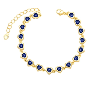Macro shot of 18K gold plated bracelet featuring 16 heart-shaped deep blue sapphires
