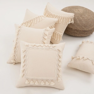 Set of 5 bohemian cream fringe throw pillow covers for living room sofa decor