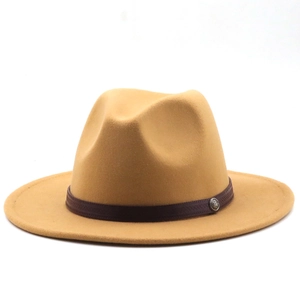 Detail of camel wool fedora hat featuring dark brown decorative band and silver metal buckle