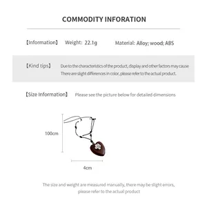 Detailed size specifications for leather heart necklace showing 100cm length and 4cm pendant