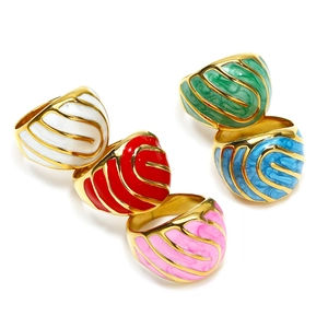 Vintage French Enamel Stainless Steel Ring 18K Gold Plated Irregular Geometric Niche Index Finger Band For Women