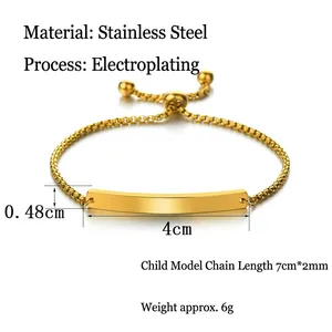 Adjustable golden stainless steel box chain ID bracelet with curved engravable plate