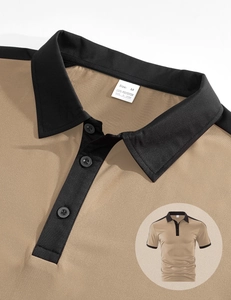 Gros plan du tissu polo kaki montrant le col noir et l'étiquette 100% polyester