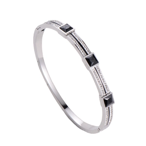 Silver titanium steel bracelet with three black square stones and inlaid white zircons