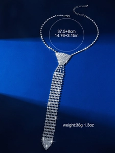 Macro detail of rhinestone tie necklace with length specs 37.5+8cm and 38g weight