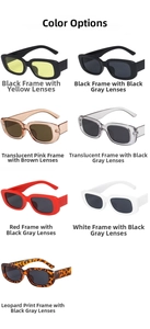 Collection of retro rectangular sunglasses in seven colors on a white background