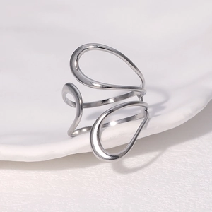 Minimalist silver hollow line open ring in stainless steel on a white ceramic tray