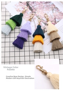 Macro view of bohemian multi-layer gradient tassel bag charms with gold lobster clasp