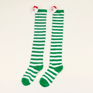 Green and white striped Christmas over-knee socks with 3D Santa Claus plush ornaments