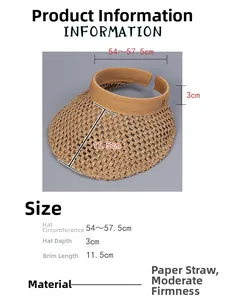 Detail view of khaki woven sun visor with R letter logo and dimensions specifications
