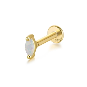 Detail view of Marquise-cut opal stone set in S925 sterling silver golden cartilage stud