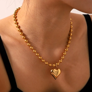 Classic 18K gold plated stainless steel bead chain necklace with polished heart pendant