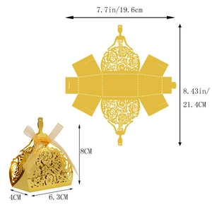 Golden laser-cut bride dress candy box dimensions and flat layout for assembly