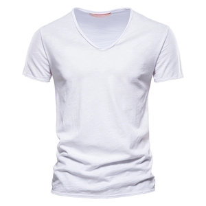 Detail of white V-neck cotton T-shirt featuring breathable slub texture and soft shadows