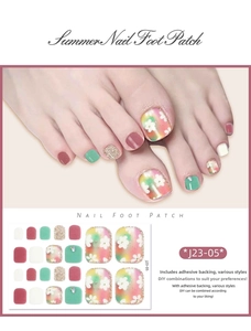 Detail of J23-05 waterproof glitter flower toenail stickers with adhesive backing