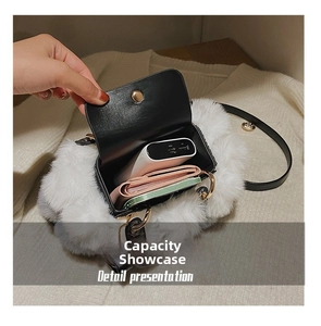 Internal storage view of white plush mini shoulder bag with phone and power bank