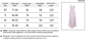 Detailed size chart for satin slip dress showing measurements from XS to L in centimeters