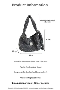 Detail view of grey plush crossbody bag showing 40x30x13cm size dimensions and adjustable strap